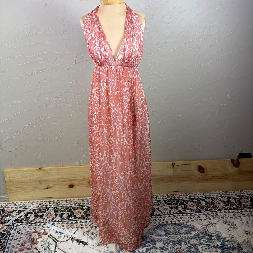 Y2K Kay Unger Silk Maxi Dress Empire Waist Halter Neck Paisley Pink Romantic